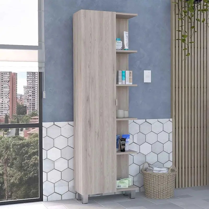 Gabinete de esquina con cinco estantes abiertos y una puerta, gris claro