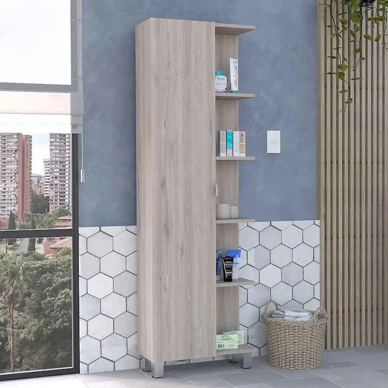 Gabinete de esquina con cinco estantes abiertos y una puerta, gris claro