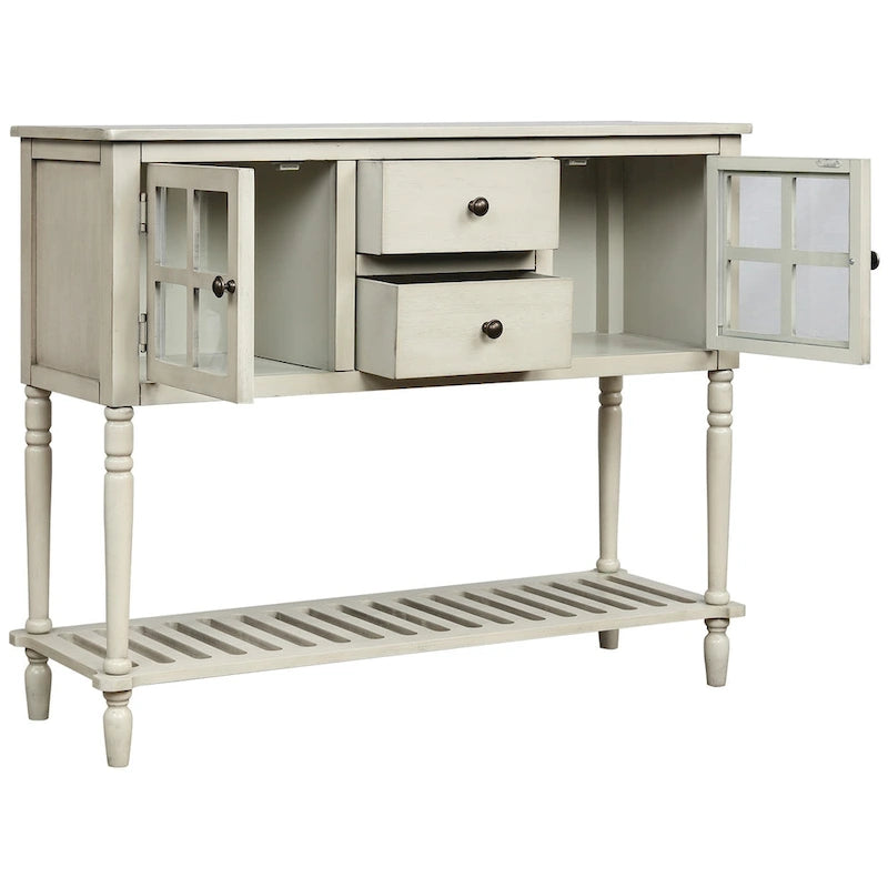 Sideboard im Landhausstil aus Holz und Glas mit Schubladen und unterem Regalboden