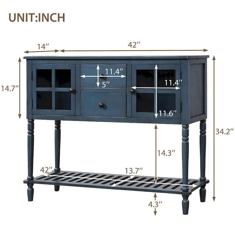 Sideboard im Landhausstil aus Holz und Glas mit Schubladen und unterem Regalboden