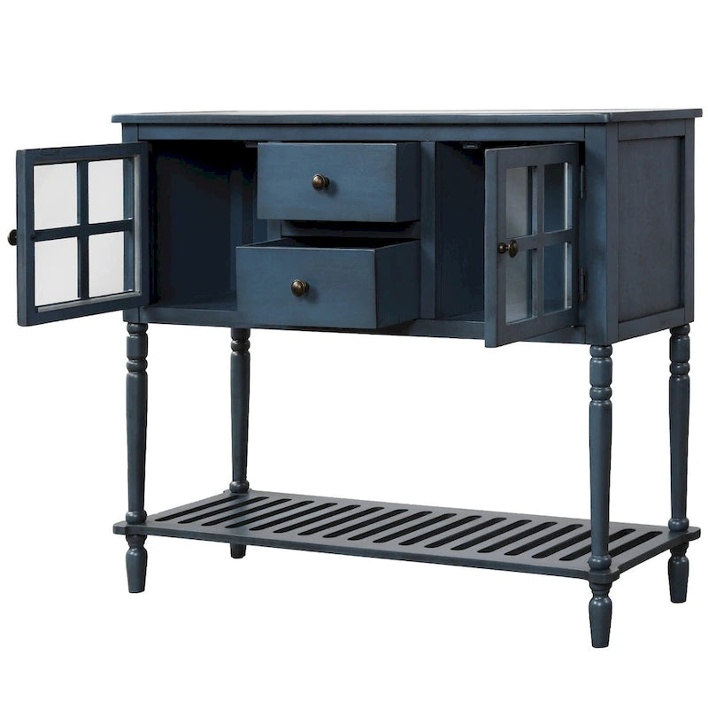 Sideboard im Landhausstil aus Holz und Glas mit Schubladen und unterem Regalboden
