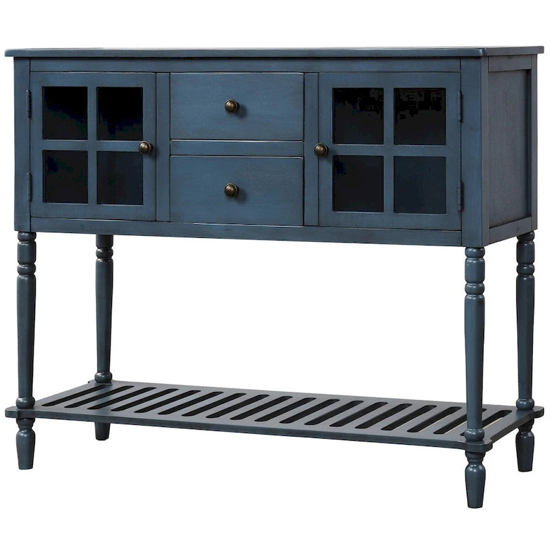 Sideboard im Landhausstil aus Holz und Glas mit Schubladen und unterem Regalboden