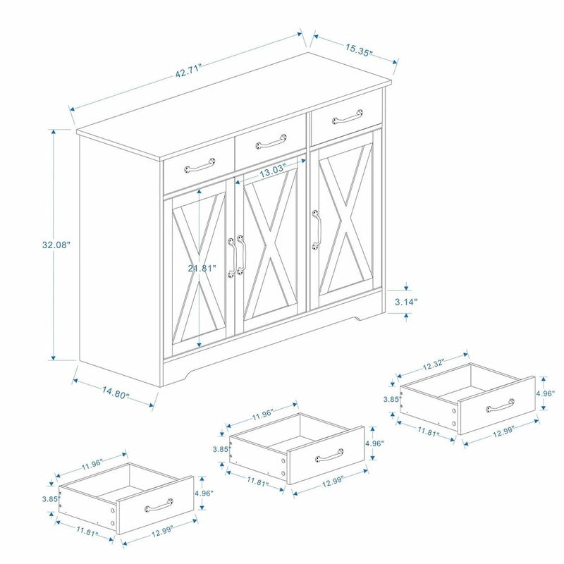 Weißes Sideboard im Landhausstil mit 3 Schubladen und 3 Türen