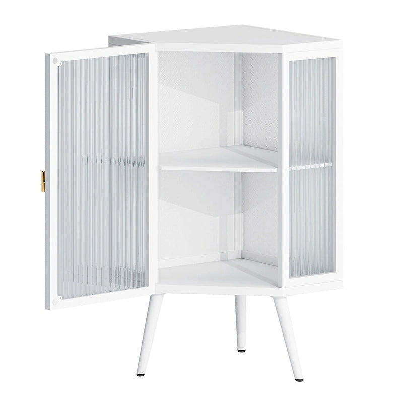 Eckschrank für den Boden mit Tür aus gehärtetem Glas und Einlegeböden