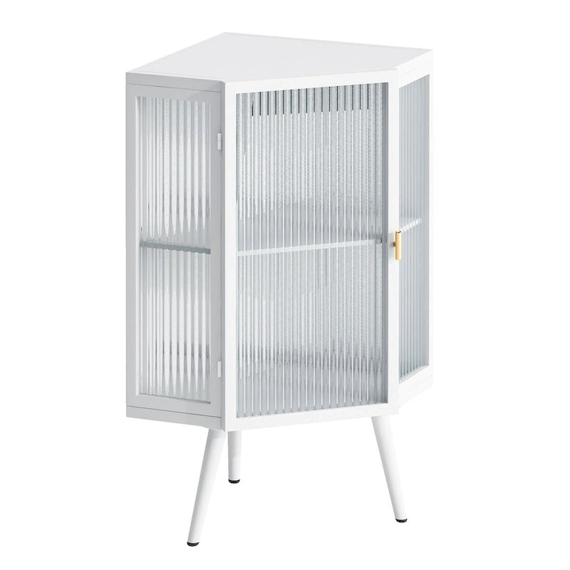 Eckschrank für den Boden mit Tür aus gehärtetem Glas und Einlegeböden