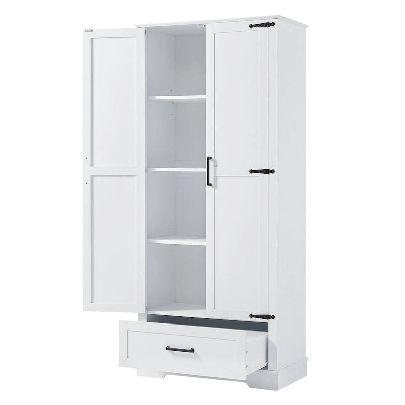 Armario alto blanco de MDF para baño con dos puertas y un cajón