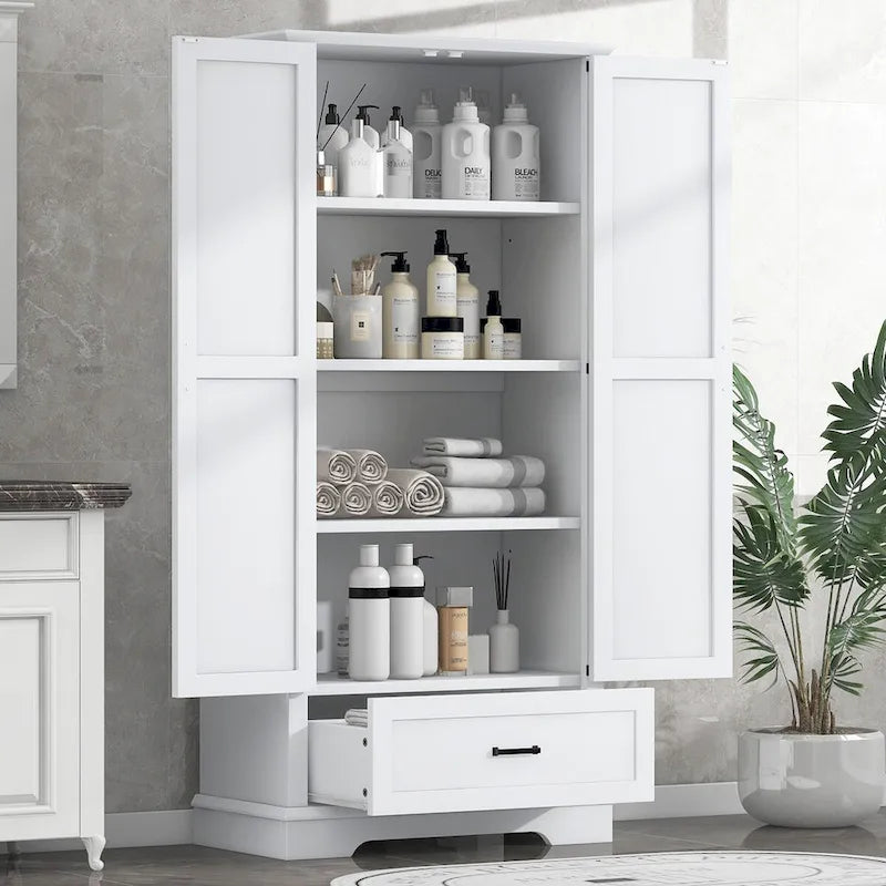 Armario alto blanco de MDF para baño con dos puertas y un cajón