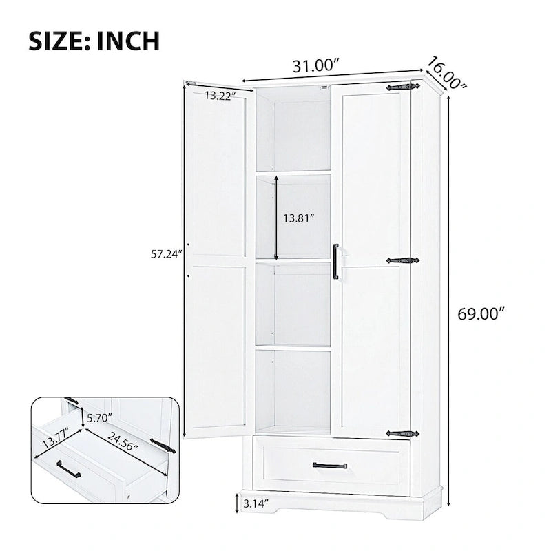 Armario alto blanco de MDF para baño con dos puertas y un cajón