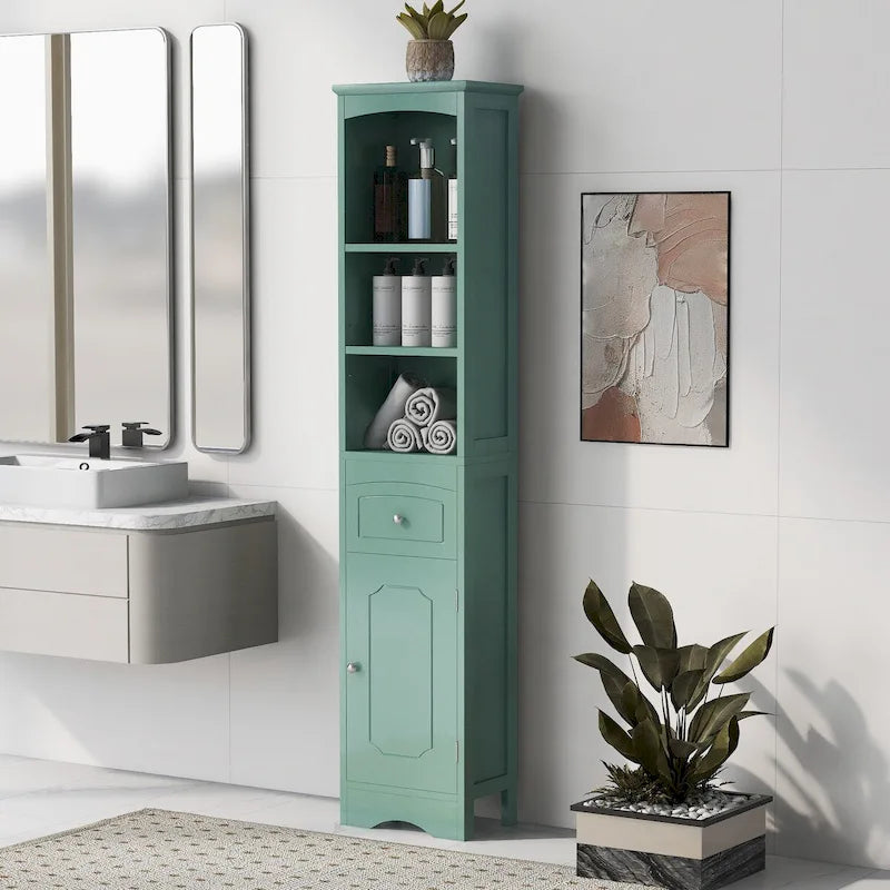 Armario alto y estrecho de almacenamiento para baño con cajón y estante ajustable