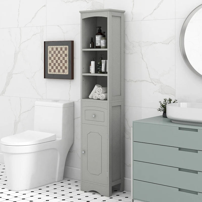 Armario alto y estrecho de almacenamiento para baño con cajón y estante ajustable