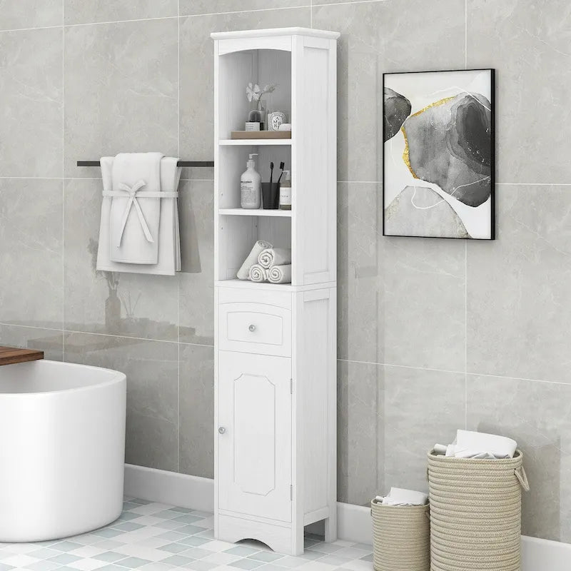 Armario alto y estrecho de almacenamiento para baño con cajón y estante ajustable