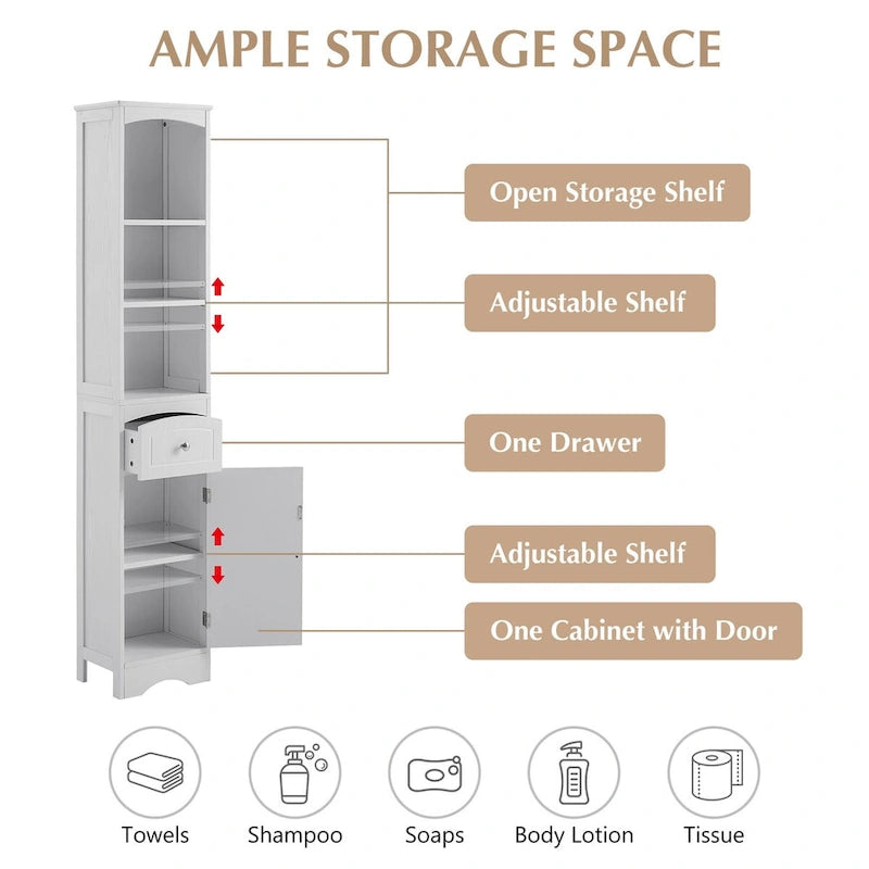 Mobile contenitore da bagno alto e stretto con cassetto e ripiano regolabile