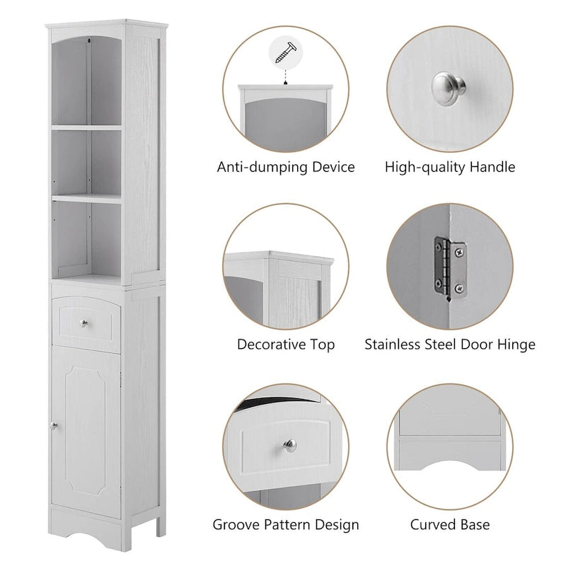 Mobile contenitore da bagno alto e stretto con cassetto e ripiano regolabile