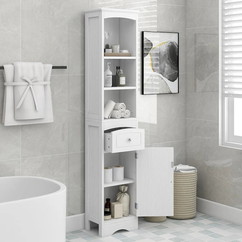Mobile contenitore da bagno alto e stretto con cassetto e ripiano regolabile