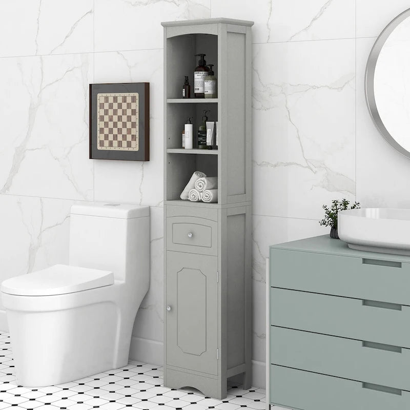 Mobile contenitore da bagno alto e stretto con cassetto e ripiano regolabile
