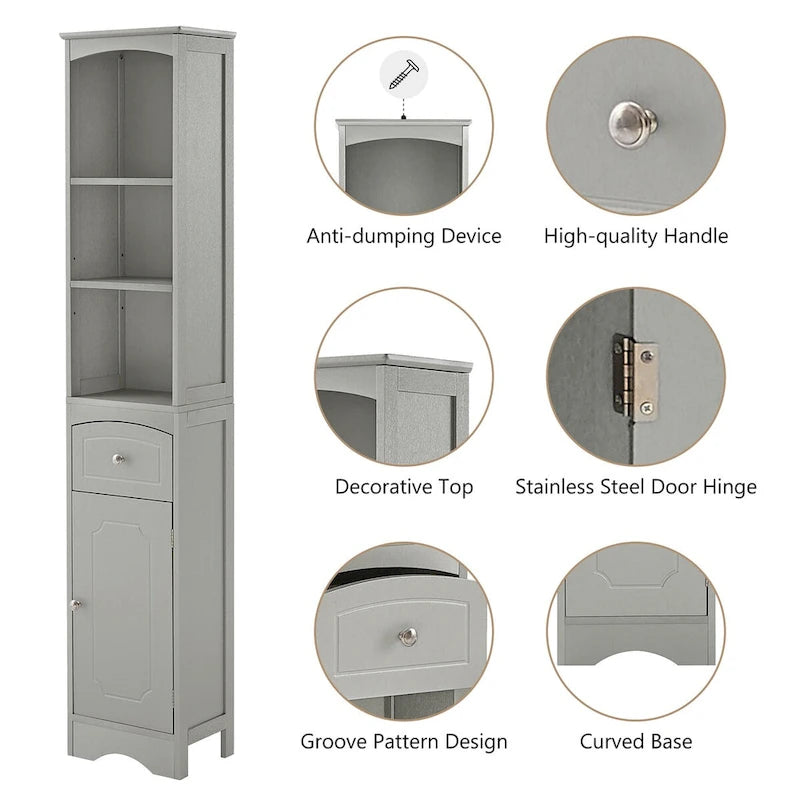 Mobile contenitore da bagno alto e stretto con cassetto e ripiano regolabile