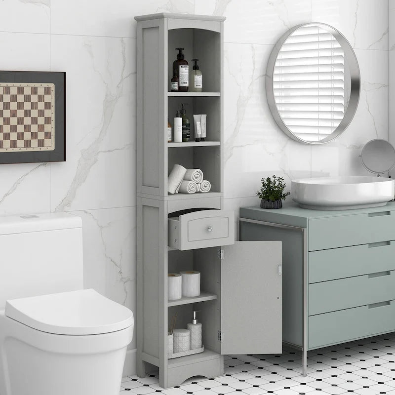 Mobile contenitore da bagno alto e stretto con cassetto e ripiano regolabile