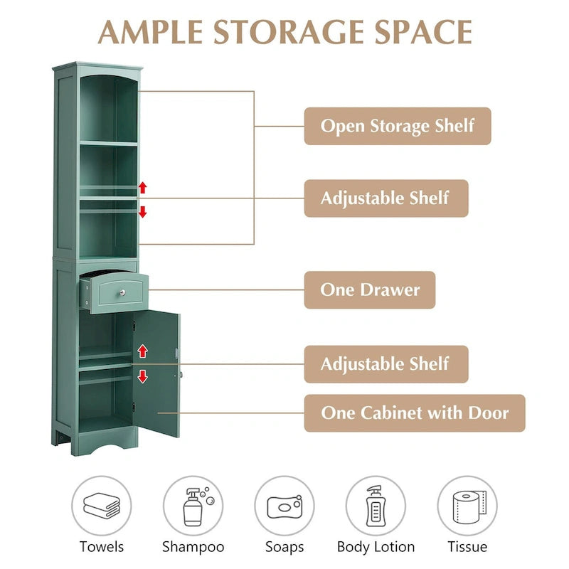 Mobile contenitore da bagno alto e stretto con cassetto e ripiano regolabile