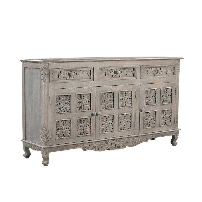 Buffet en bois massif de manguier sculpté avec 3 tiroirs et 3 portes