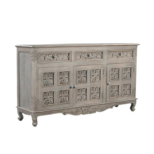 Credenza in legno massello di mango intagliato con 3 cassetti e 3 ante