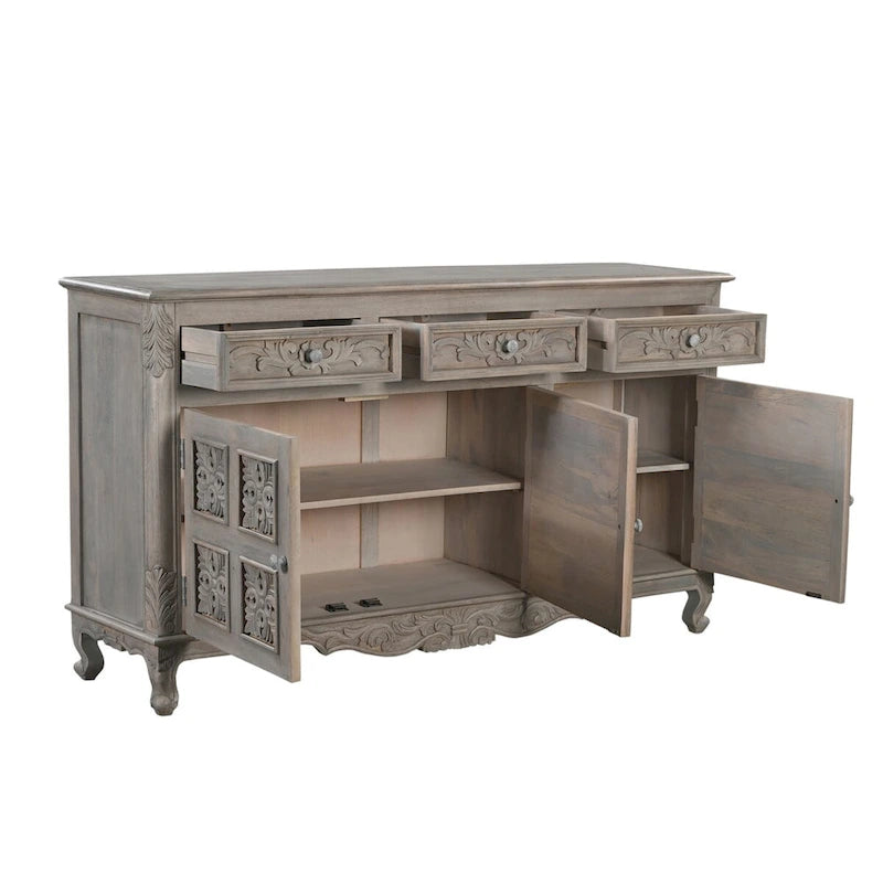 Buffet en bois massif de manguier sculpté avec 3 tiroirs et 3 portes