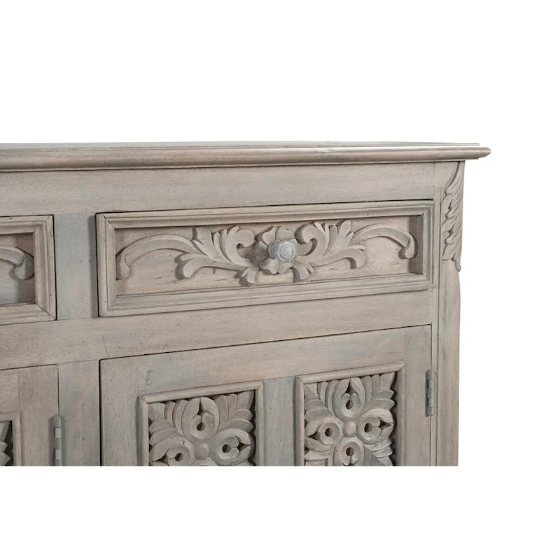 Buffet en bois massif de manguier sculpté avec 3 tiroirs et 3 portes