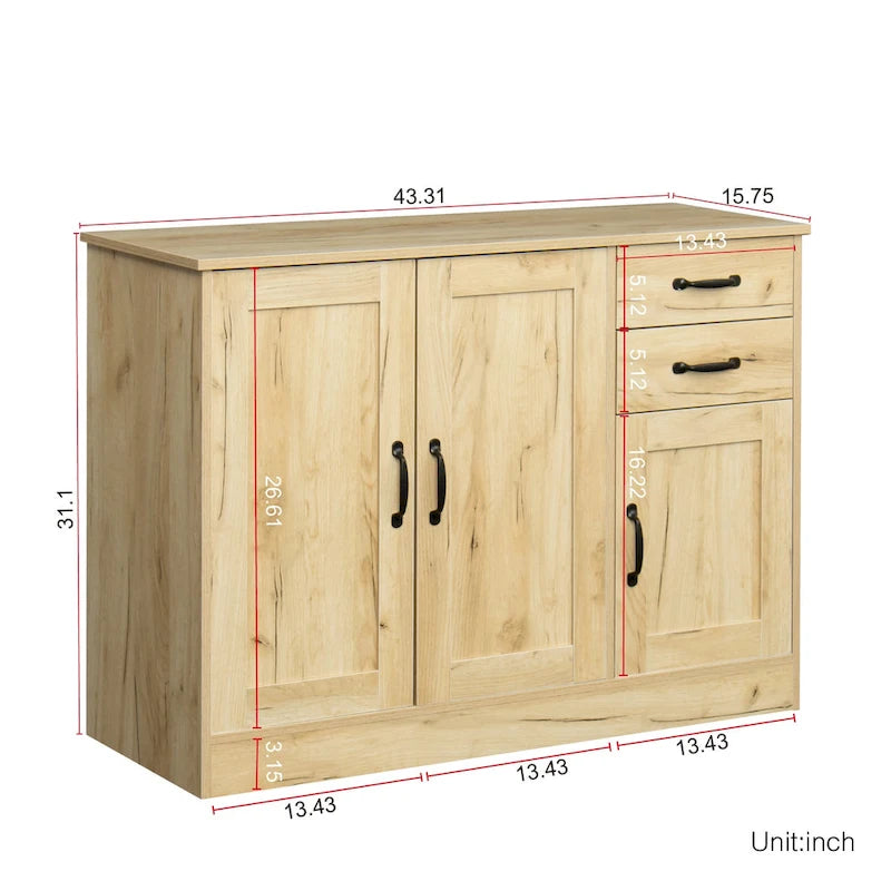 Aparador buffet de madera con 3 puertas y 2 cajones